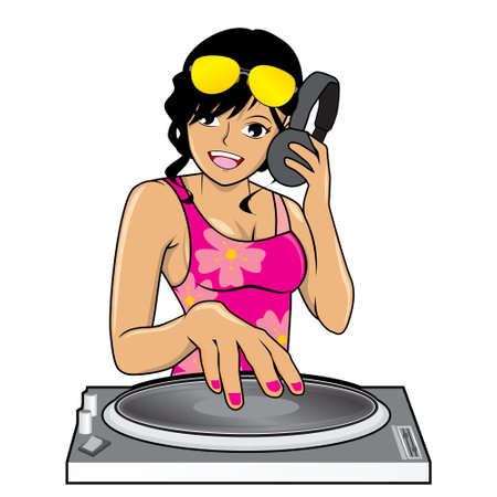 Illustration of a girl playing turntable on a white transparent backgroundのイラスト素材