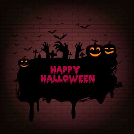 Halloween night background with haunted house, tree, pumpkin and bats. Vector.のイラスト素材