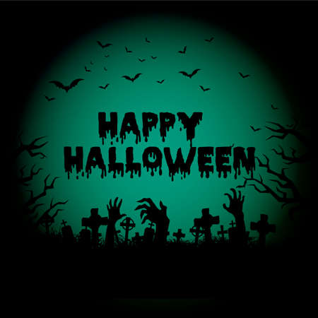 Halloween night background with haunted house, tree, pumpkin and bats. Vector.のイラスト素材