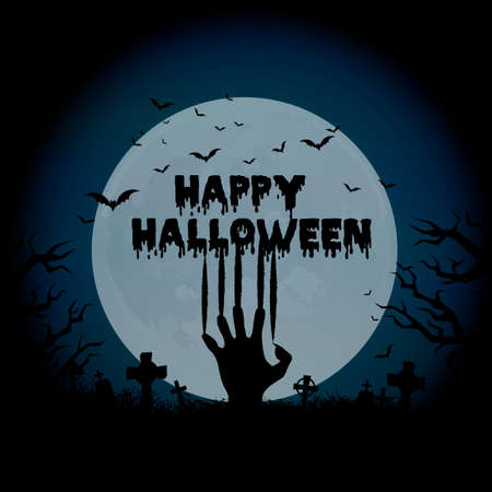 Halloween night background with haunted house, tree, pumpkin and bats. Vector.のイラスト素材