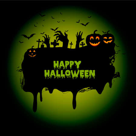 Halloween night background with haunted house, tree, pumpkin and bats. Vector.のイラスト素材