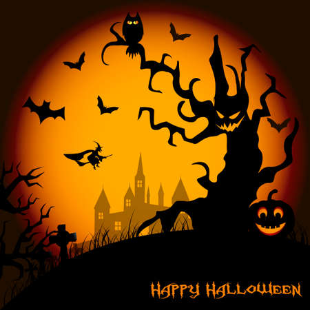 Halloween night background with haunted house, tree, pumpkin and bats. Vector.のイラスト素材