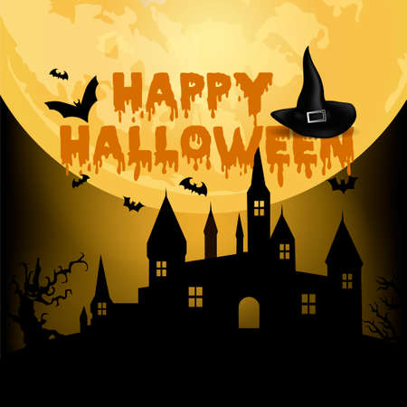Halloween night background with haunted house, tree, pumpkin and bats. Vector.のイラスト素材