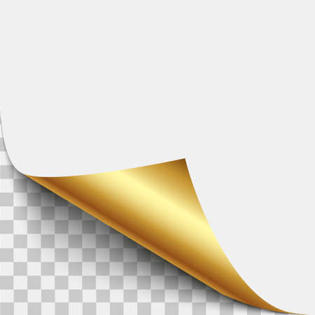 Gold page corner peel. Gold page curled fold with shadow. Blank sheet of folded sticky paper note. Vector illustration sticker peel for advertising and promotional message isolated on white background.のイラスト素材
