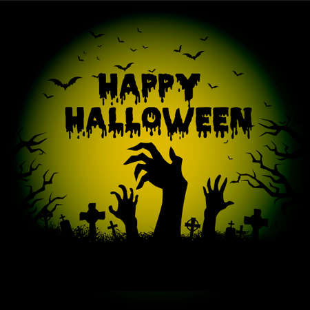 Halloween night background with haunted house, tree, pumpkin and bats. Vector.のイラスト素材