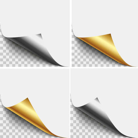 Gold and silver page corner peel.  Blank sheet of folded sticky paper note. Vector illustration sticker peel for advertising and promotional message isolated on white background.のイラスト素材