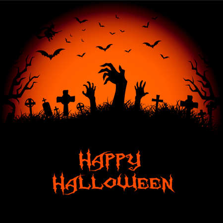 Halloween night background with haunted house, tree, pumpkin and bats. Vector.のイラスト素材