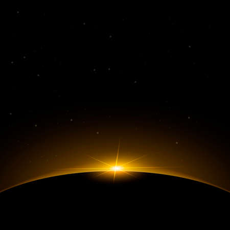 Dawn from space. Dawn from space. Rising sun behind the earth. Vector backgroundのイラスト素材