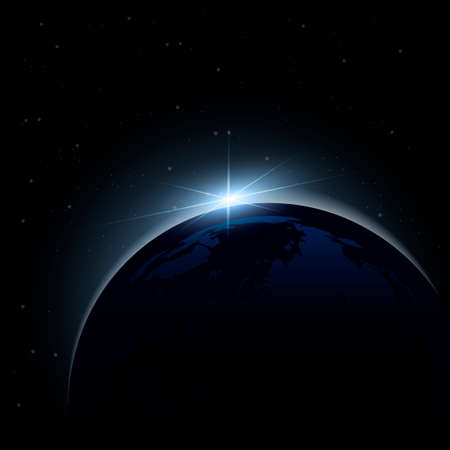 Dawn from space. Dawn from space. Rising sun behind the earth. Vector backgroundのイラスト素材