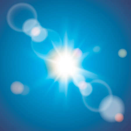 Sunlight special lens flare light effect on blue sky. Vector.のイラスト素材