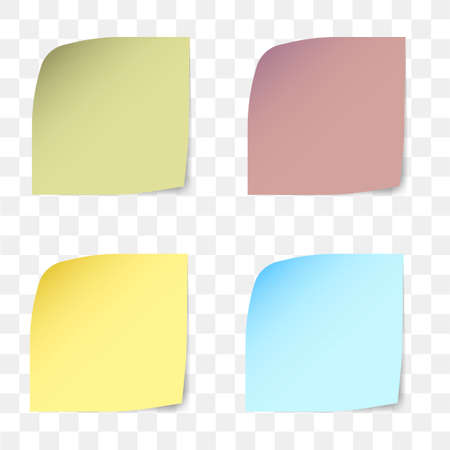 Set of Office paper sheets or sticky stickers with shadow isolated on a transparent background. Empty yellow note template for your design. Vector illustration.のイラスト素材