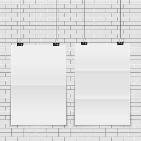 Poster hanging on a thread with two black clips. Folded paper. Vector illustration.のイラスト素材