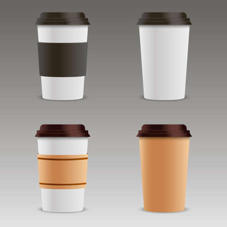 Set of paper cups with plastic covers and sleeve to Take-out. Realistic Vector Illustrationのイラスト素材