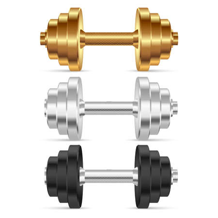 Realistic gold, silver and black dumbbells. Vector illustration.のイラスト素材