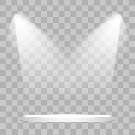 Round stage podium illuminated with light on transparent background. Stage vector backdrop. Festive podium scene with red carpet for award ceremony. Vector illustration.のイラスト素材