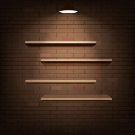 Wooden shelves on a brick wall with illuminated lamp with soft light. Vector illustrationのイラスト素材