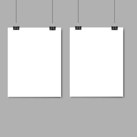 Empty paper frame mockup hanging with paper clip on grey background. Raster copy of vector file.のイラスト素材