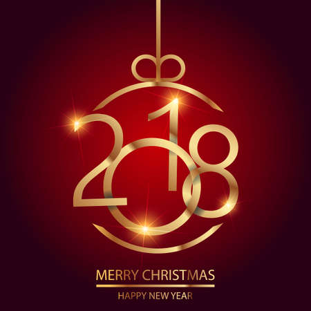 Happy New Year greeting card with shining gold text and snow on red background. 2018 Vector.のイラスト素材