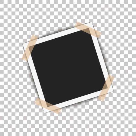 Realistic photo frame with shadow pin on sticky tape. Vector illustration on transparent background ready for your designのイラスト素材