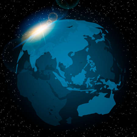 Dawn from space. Dawn from space. Rising sun behind the earth. Vector background.のイラスト素材