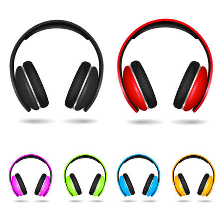 Realistic headphone isolated on white. Red, blue, green, purple and yellow colors. vector illustration.のイラスト素材