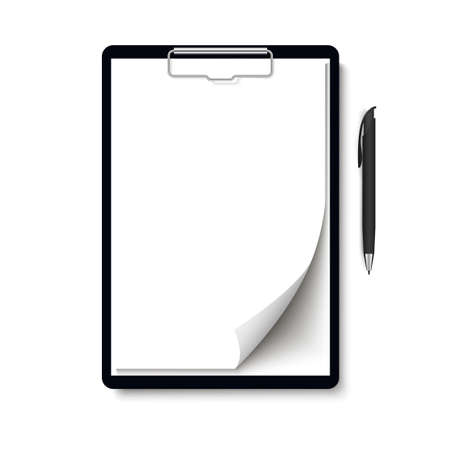 Realistic clipboard folder with blank white sheet of paper with curled corner and pen.のイラスト素材
