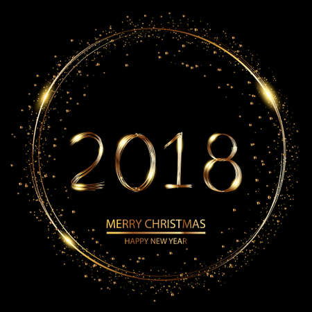 Happy New Year background with glowing lights text on black background. Vector.のイラスト素材