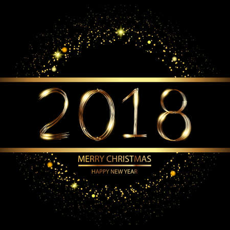 Happy New Year background with glowing lights text on black background. Vector.のイラスト素材