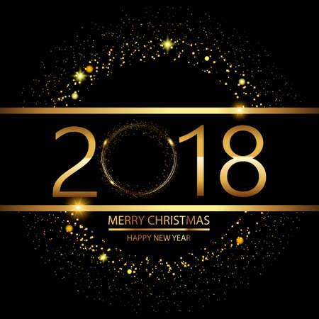 Happy New Year background with glowing lights text on black background. Vector.のイラスト素材