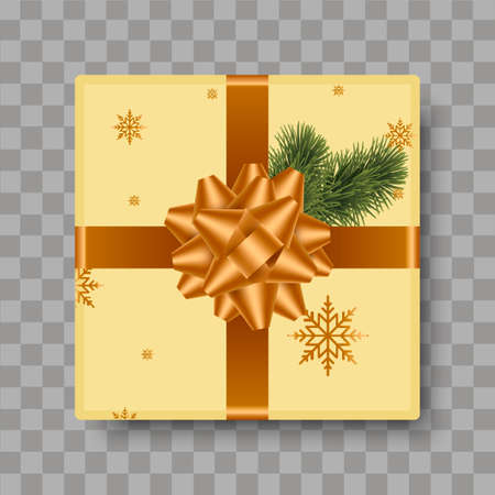 Top view gold gift box with gold bow and pine. Vector.のイラスト素材