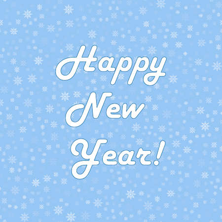 Happy New Year greeting card with falling snowflakes and white text. Vector.のイラスト素材