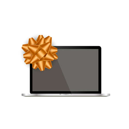  Realistic laptop on white background. Gold ribbon bow .のイラスト素材