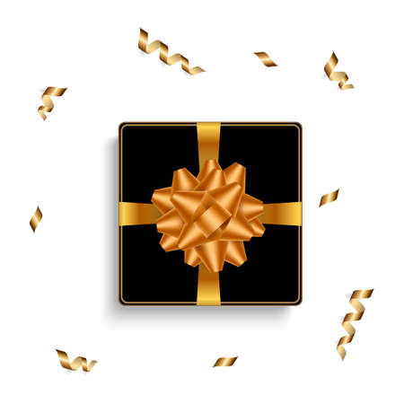 Birthday background with realistic gift box and ribbon bows. Top view. Vector illustration.のイラスト素材