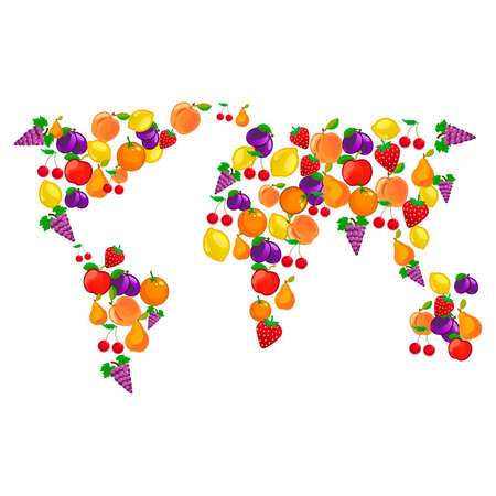 Fruits combined in world map shape with continents of ripe fruit harvest. apple, pear, lemon, strawberry, peach, cherry, apricot.のイラスト素材