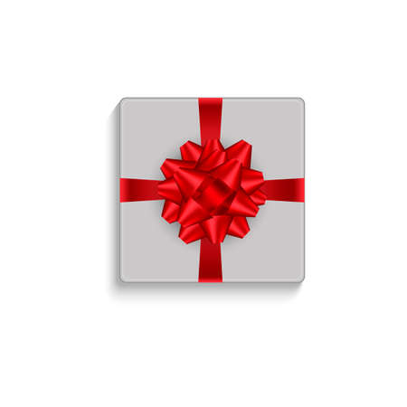 Realistic gift box with red bow. Top view. Vector illustration.のイラスト素材