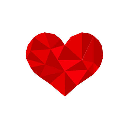 Red origami heart on white backdrop with shadow. Vector Illustration. Abstract polygonal heart. Love symbol. Low-poly colorful style. Romantic background for Valentines day.のイラスト素材