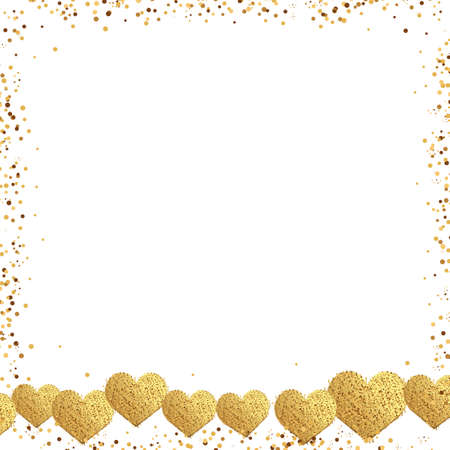 Valentine's day greeting card with gold square frame and confetti gold hearts. Vector.のイラスト素材