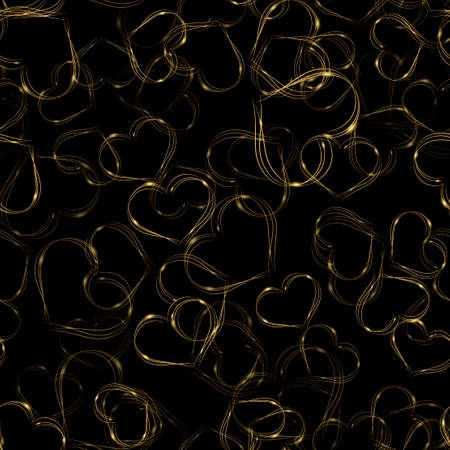 A Seamless pattern with gold sparkle hearts on black background. Vector.のイラスト素材