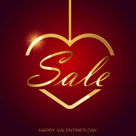 Valentine's day sale with gold heart on red background. Vector.のイラスト素材