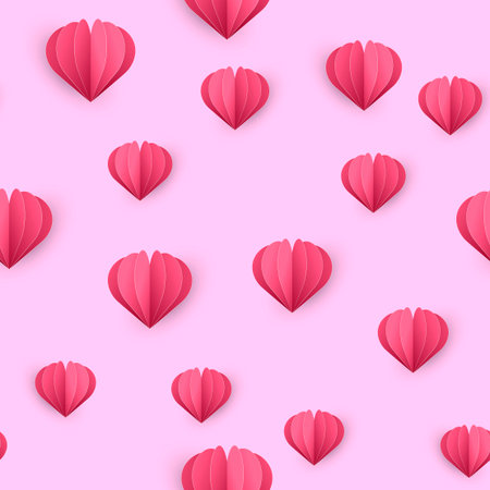 Seamless pattern with red paper hearts on pink background.