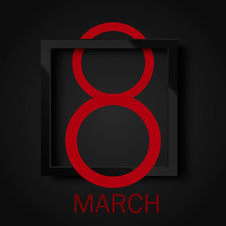 8 March. Happy Women's day greeting card with black square frame. Vector.