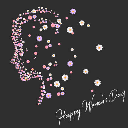 8 March. Women's day greeting card with silhouette flowers of girl. Vector.のイラスト素材