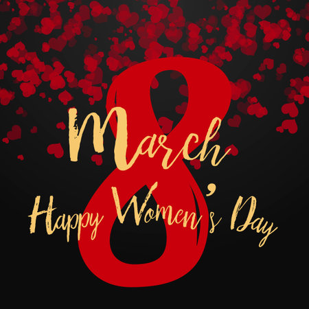 8 March greeting card with falling hearts on black. Happy Women's Day. Vector.