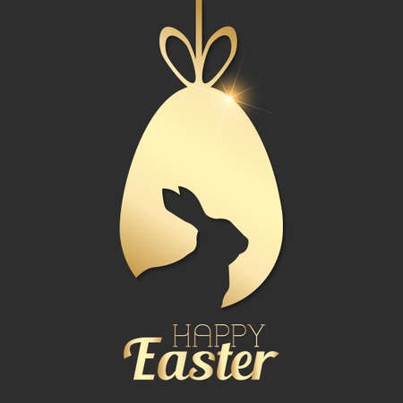 Happy Easter greeting card with gold hand drawn egg and bunny vector.のイラスト素材
