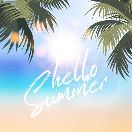 Summer holiday background with blurred background and palm tree. Vector.のイラスト素材
