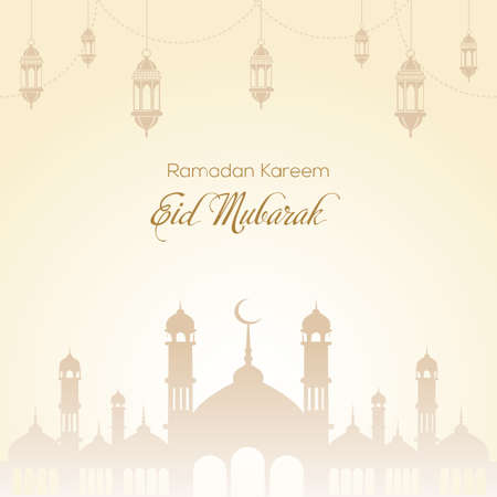 Ramadan greeting card with mosque and arabic lamps. Vector.のイラスト素材