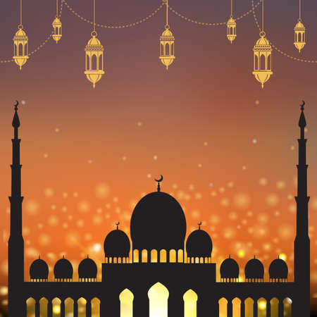 Ramadan Kareem greeting card with mosque, moon and arabic lamps. Vector.のイラスト素材
