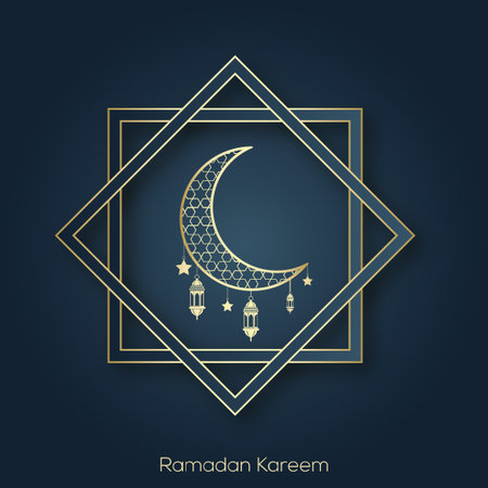 Ramadan Kareem greeting card with islamic lantern crescent and arabic ornament. Vector.のイラスト素材