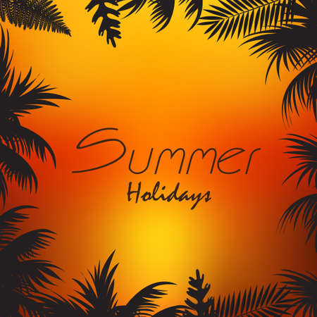 Abstract tropic background with red sunset and palm leaves. Vectorのイラスト素材