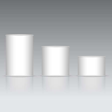 Set of white and metallic tin can with white cap. mock up. Vector.のイラスト素材